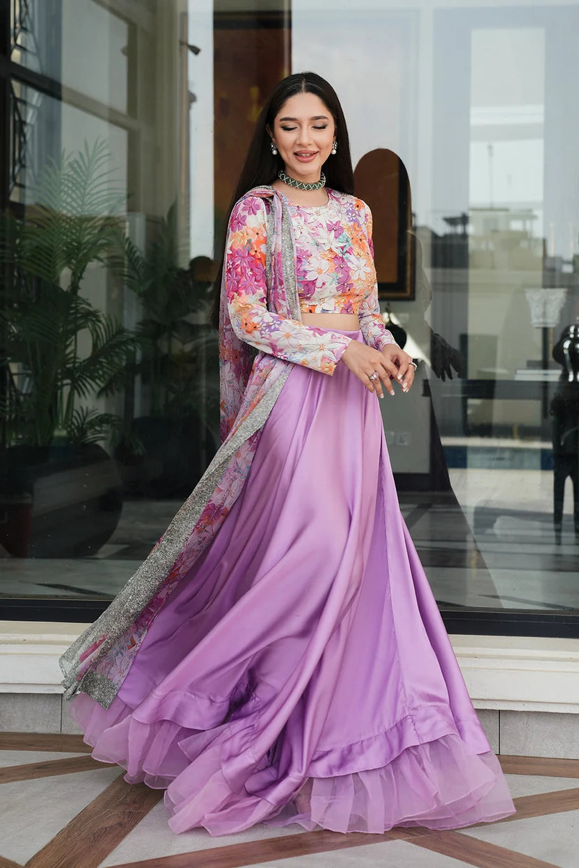Silk 3-Piece Digitally Printed Suit 872 – Printed Shirt & Dupatta with Plain Dyed Trouser