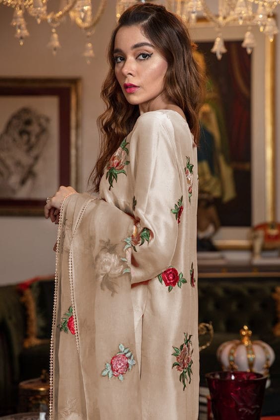 Silk 3-Piece Embroidered Bridal Suit 1316 with Organza Embroidered Dupatta – Shamoz Silk Formal Set
