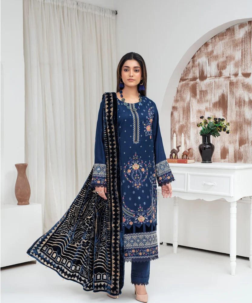 Chikankari Embroidered Dhanak 3 Piece Suit with Velvet Plachi Shawl | 2103
