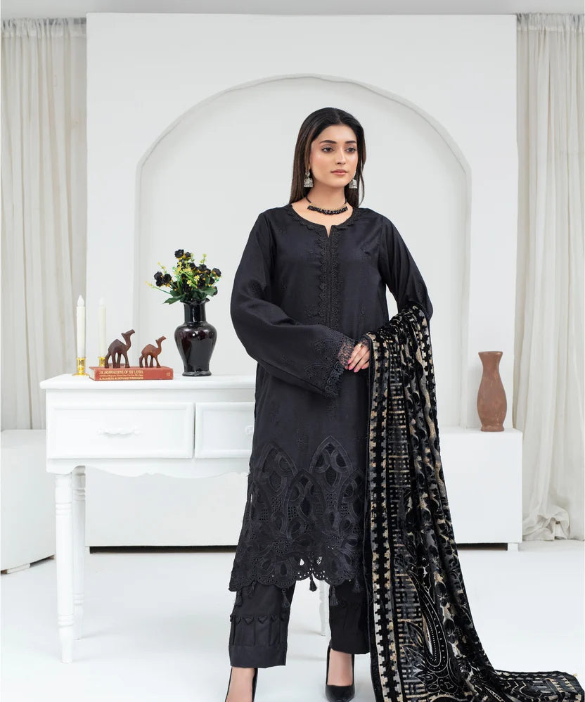 Chikankari Embroidered Dhanak Suit with Aplic Work & Velvet Shawl | 2107