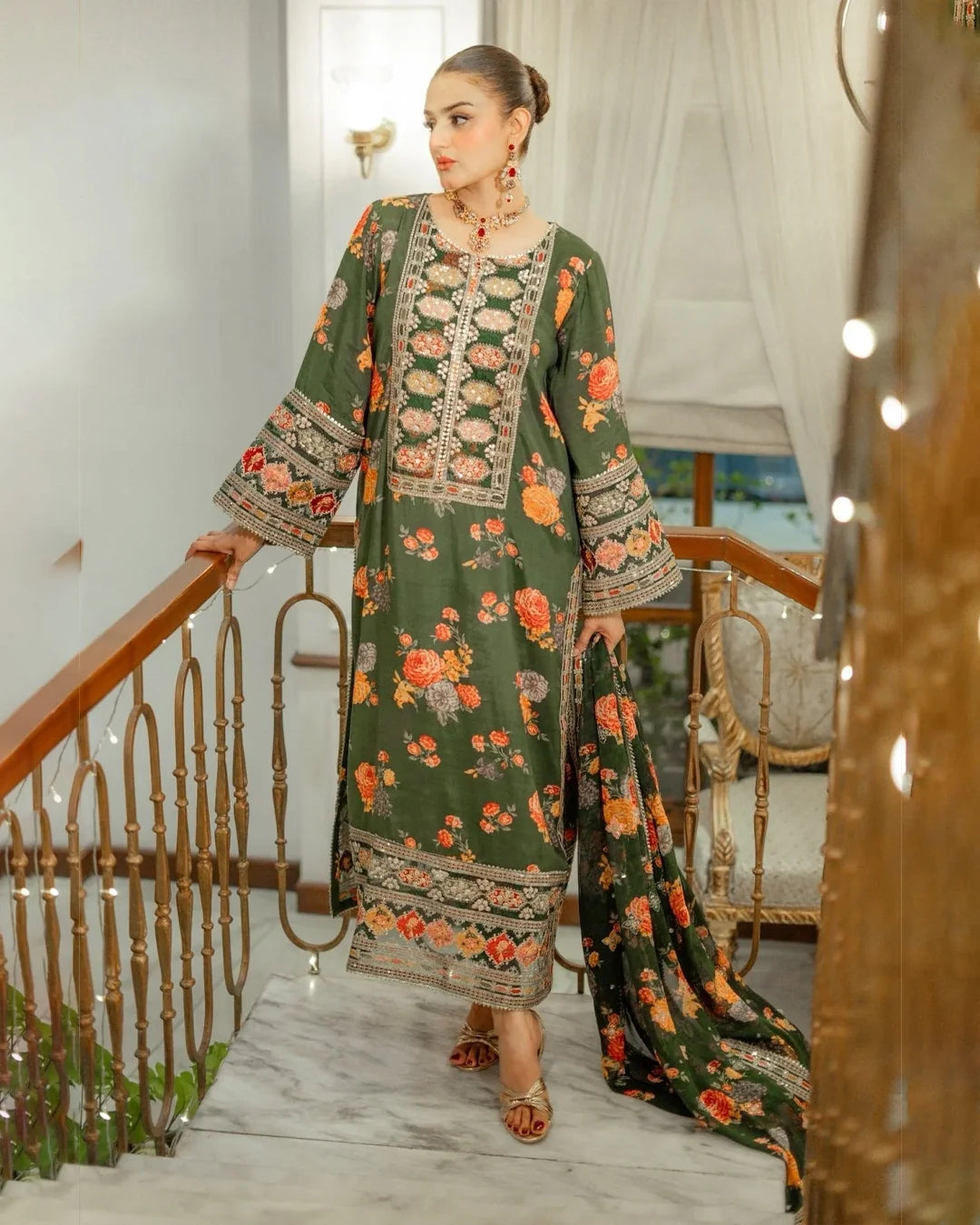 Silk 3-Piece Digitally Printed Suit 1715 – Sequins Embroidered Neckline & 4-Side Pallu Dupatta