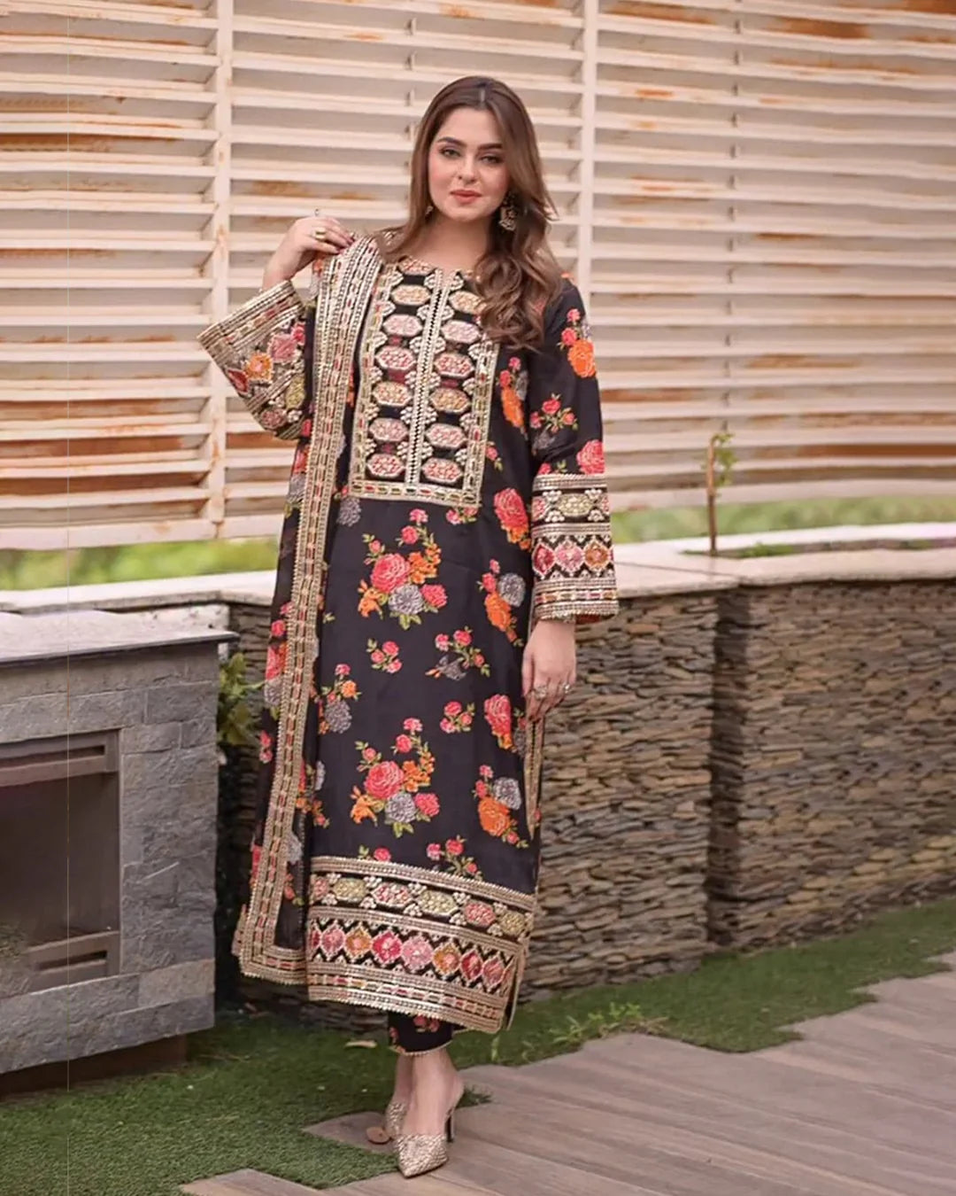 Silk 3-Piece Digitally Printed Suit 1714 – Sequins Detailing with 4-Side Embroidered Pallu