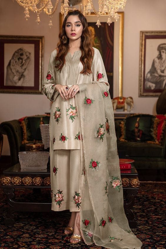 Silk 3-Piece Embroidered Bridal Suit 1316 with Organza Embroidered Dupatta – Shamoz Silk Formal Set