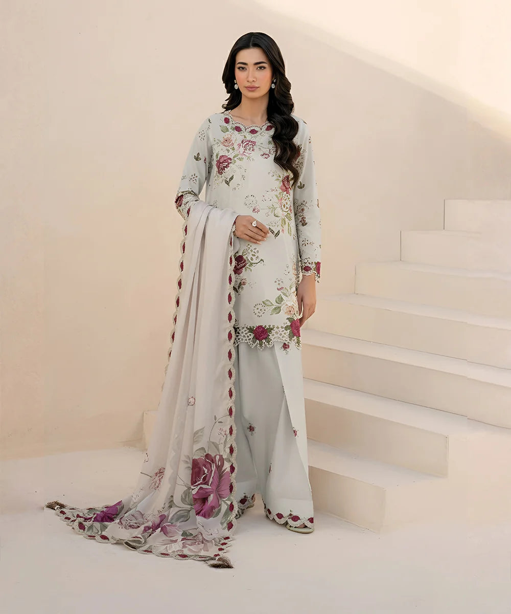 Unstitched Khaddar 3 Piece Dress with Organza Embellishment | 927
