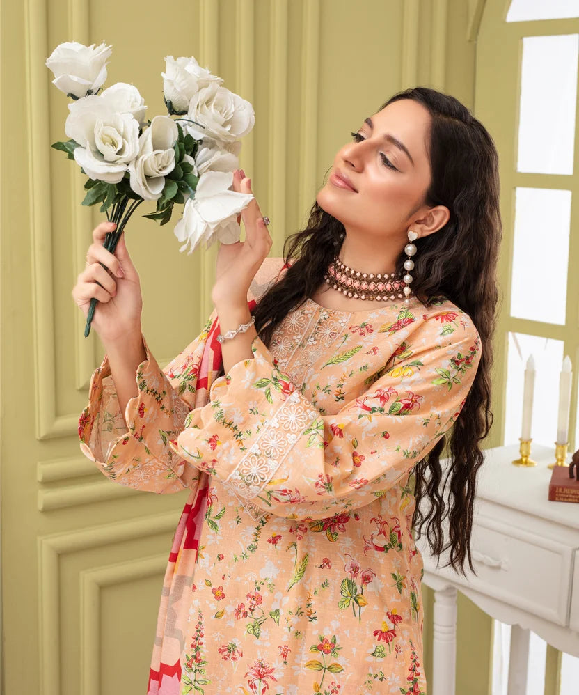 Khaddar Printed Suit with Embroidered Neckline & Organza Sleeve Patch | 904