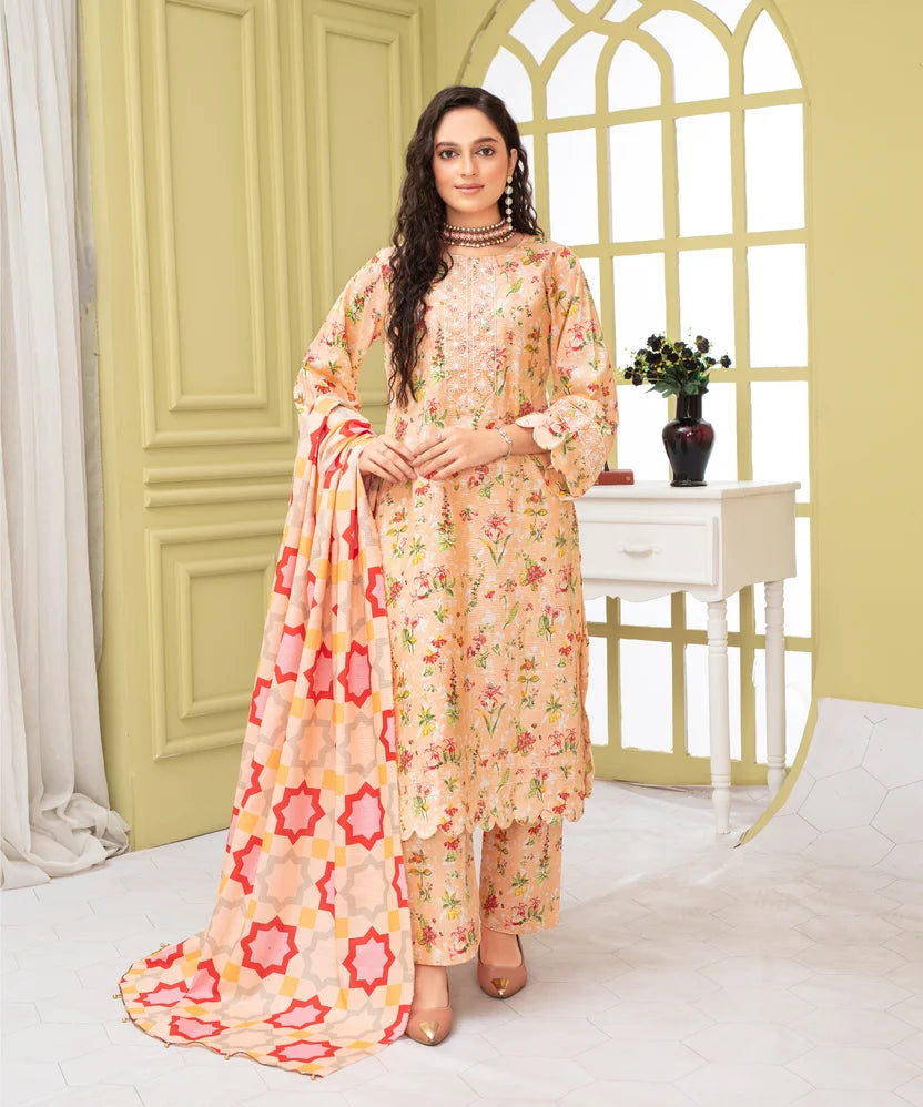 Khaddar Printed Suit with Embroidered Neckline & Organza Sleeve Patch | 904