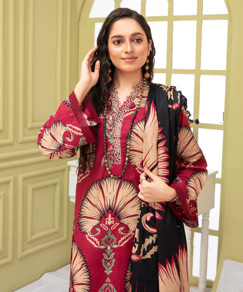 Khaddar Printed Suit with Embroidered Neckline & Daman Patch | 920
