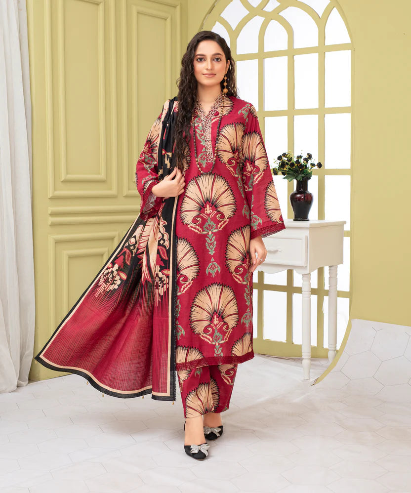 Khaddar Printed Suit with Embroidered Neckline & Daman Patch | 920