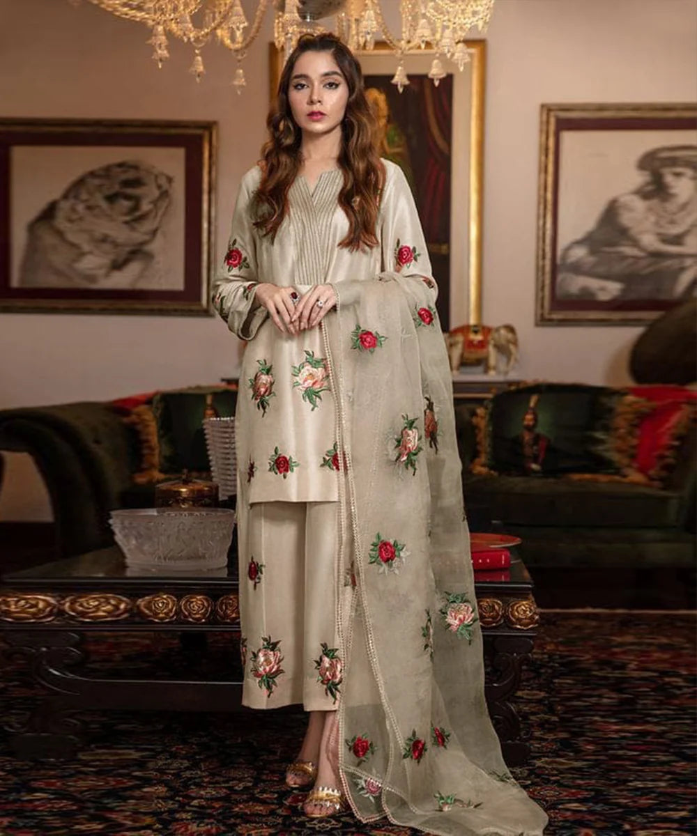 Silk 3-Piece Embroidered Bridal Suit 1316 with Organza Embroidered Dupatta – Shamoz Silk Formal Set