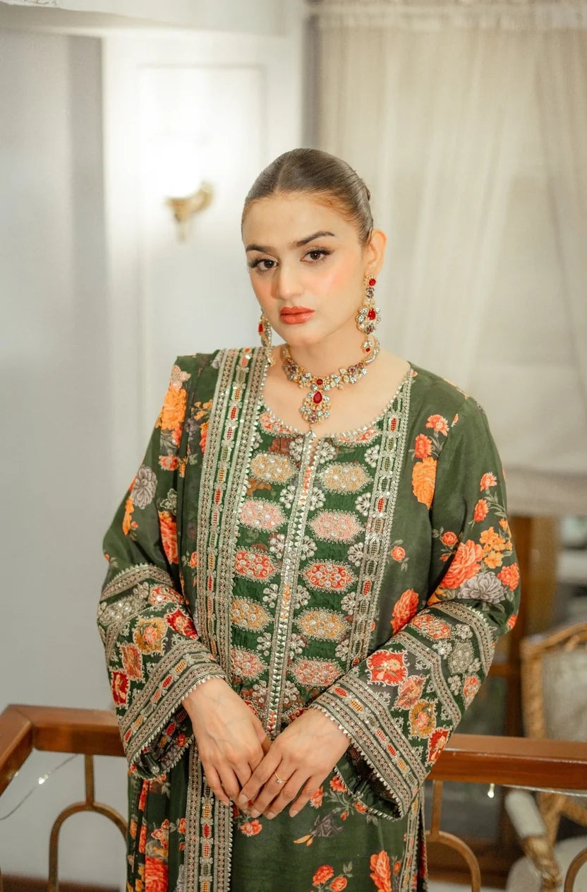 Silk 3-Piece Digitally Printed Suit 1715 – Sequins Embroidered Neckline & 4-Side Pallu Dupatta
