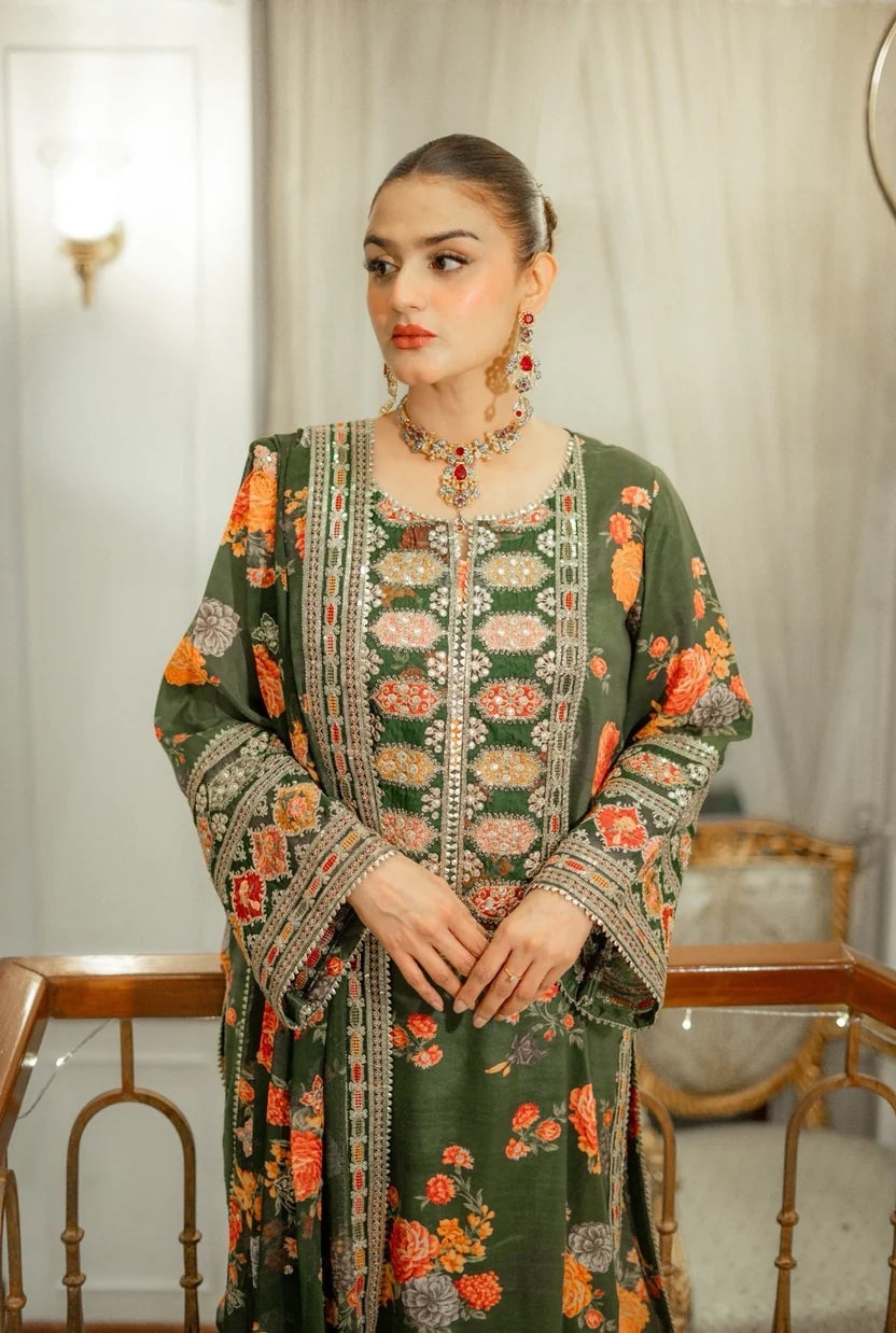 Silk 3-Piece Digitally Printed Suit 1715 – Sequins Embroidered Neckline & 4-Side Pallu Dupatta