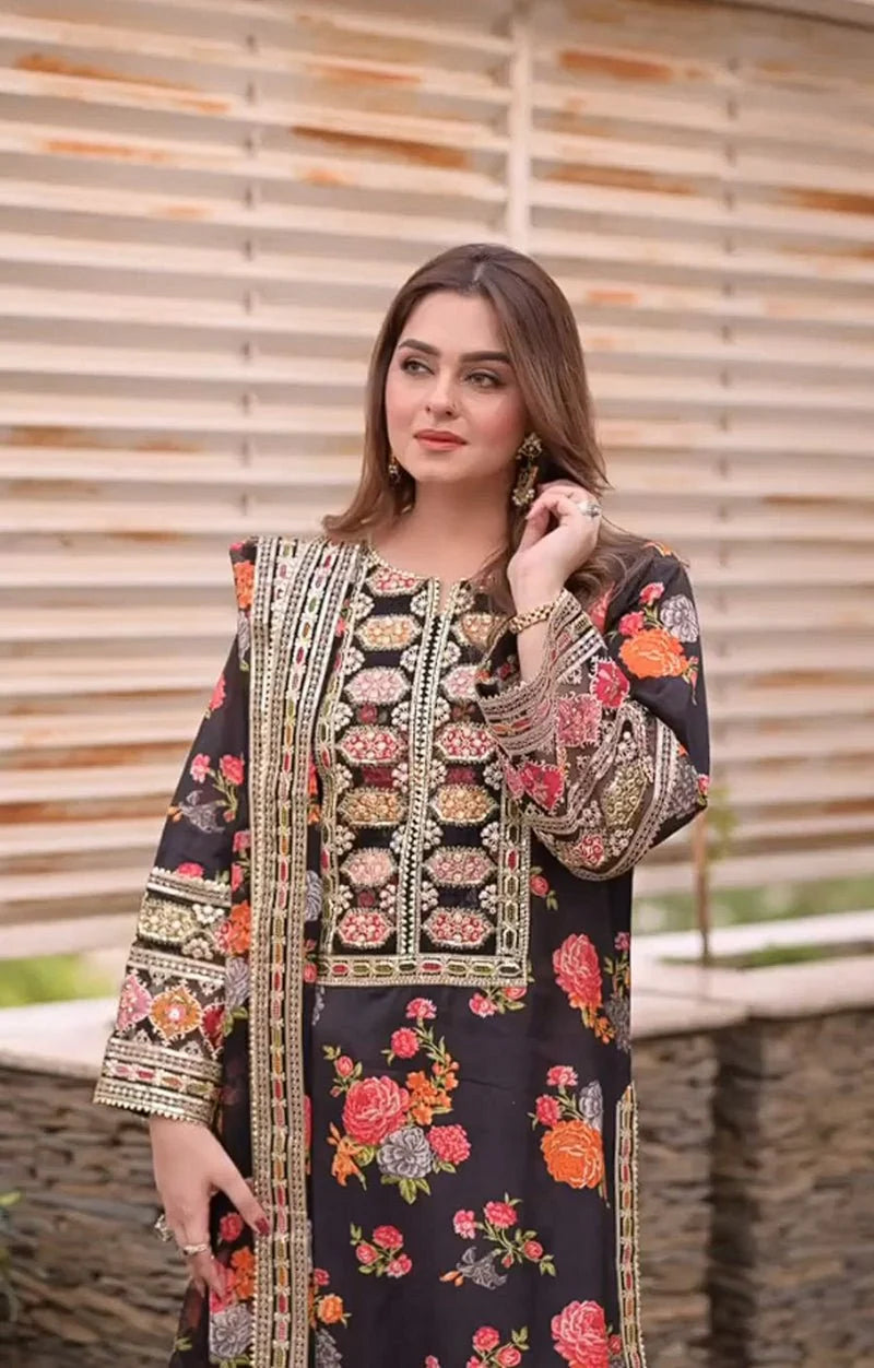Silk 3-Piece Digitally Printed Suit 1714 – Sequins Detailing with 4-Side Embroidered Pallu