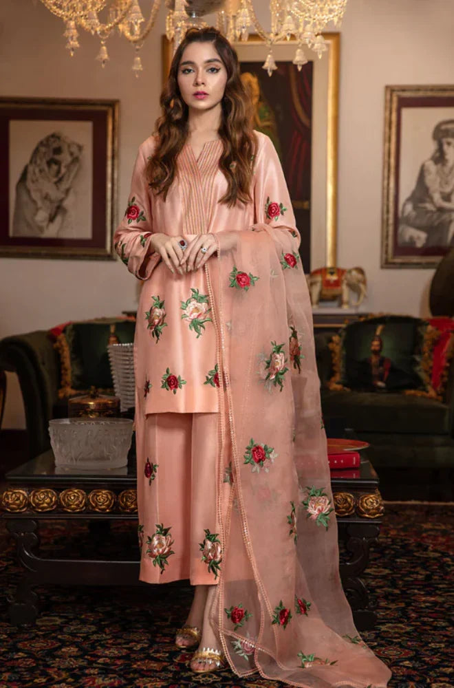 Silk Embroidered 3-Piece Bridal Suit 1314 with Organza Embroidered Dupatta – Shamoz Silk Formal Set