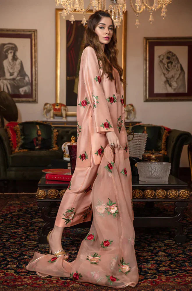 Silk Embroidered 3-Piece Bridal Suit 1314 with Organza Embroidered Dupatta – Shamoz Silk Formal Set