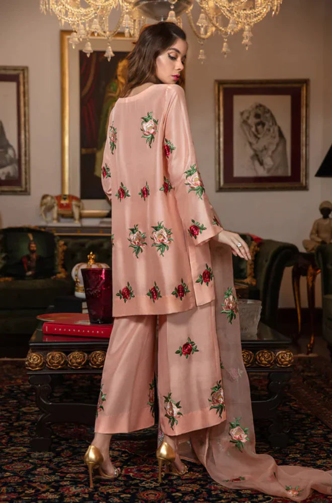 Silk Embroidered 3-Piece Bridal Suit 1314 with Organza Embroidered Dupatta – Shamoz Silk Formal Set