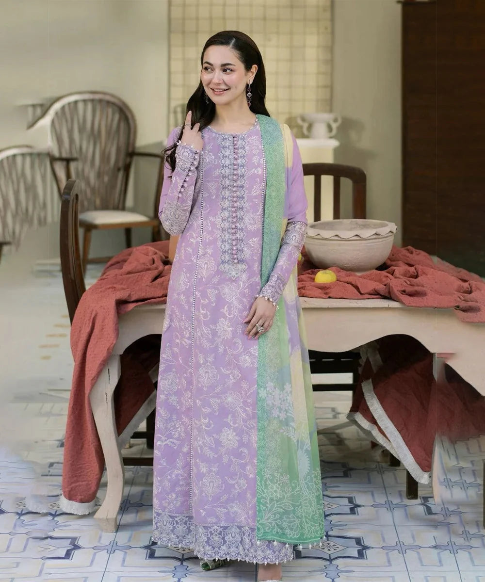 Dhanak 3-Piece Embroidered Suit 3307 with Organza Neckline & Digital Printed Wool Shawl