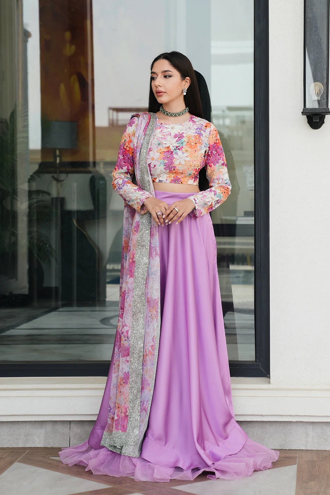 Silk 3-Piece Digitally Printed Suit 872 – Printed Shirt & Dupatta with Plain Dyed Trouser