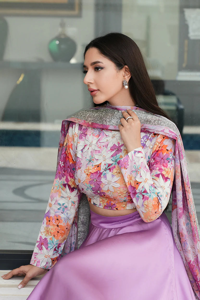 Silk 3-Piece Digitally Printed Suit 872 – Printed Shirt & Dupatta with Plain Dyed Trouser