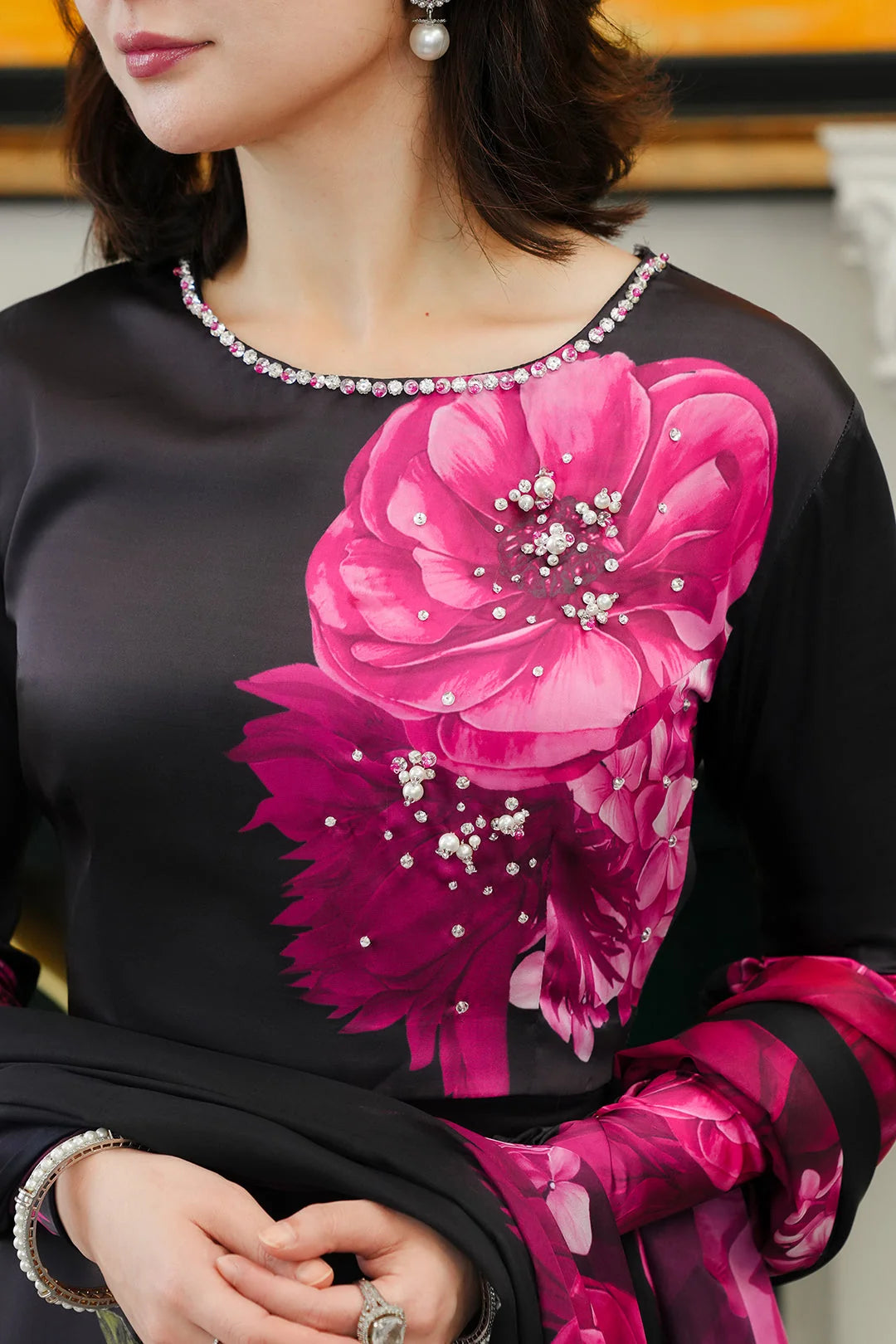 Silk 3-Piece Digitally Printed Suit 871 – Fully Printed Silk Shirt, Trouser & Dupatta