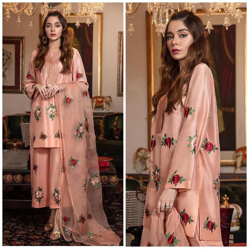 Silk Embroidered 3-Piece Bridal Suit 1314 with Organza Embroidered Dupatta – Shamoz Silk Formal Set