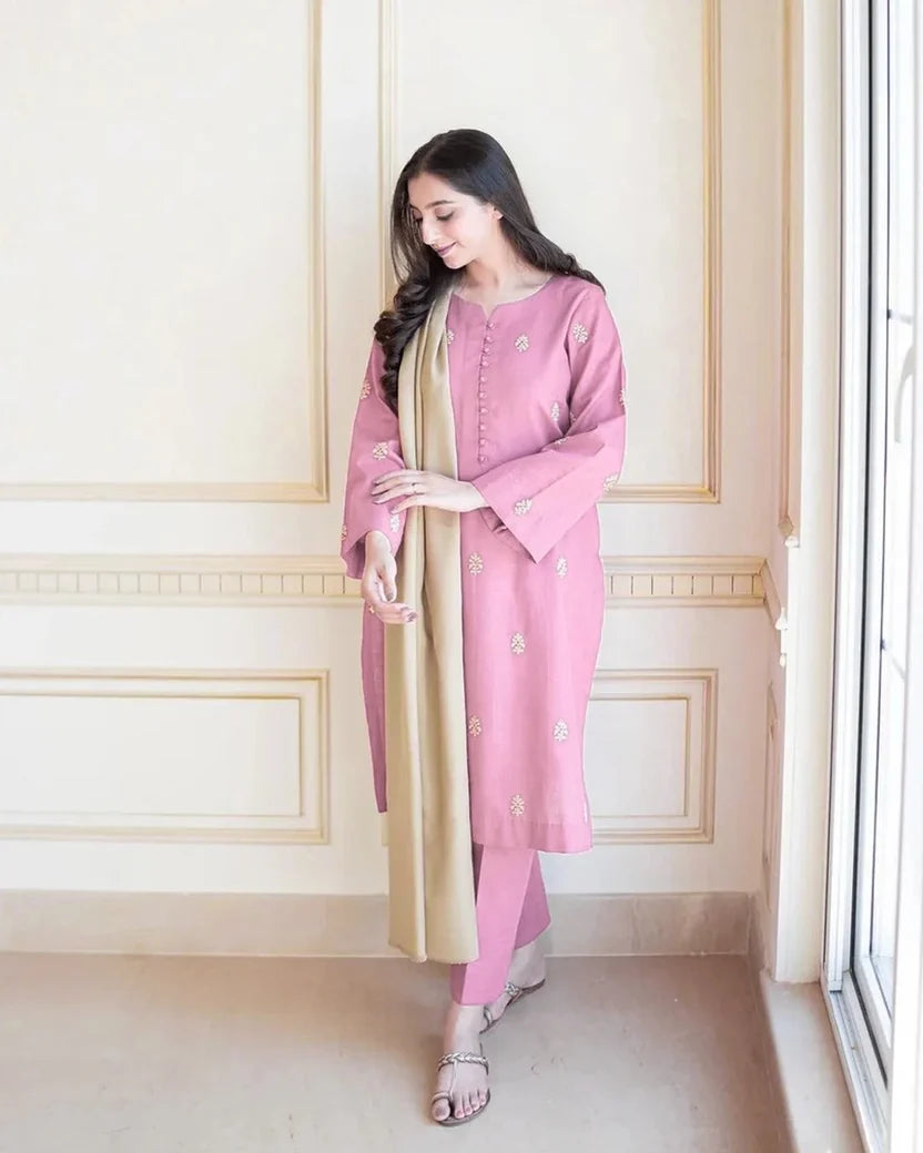 Dhanak 3-Piece Embroidered Suit 1298 with Swati Wool Shawl – Traditional Winter Wear
