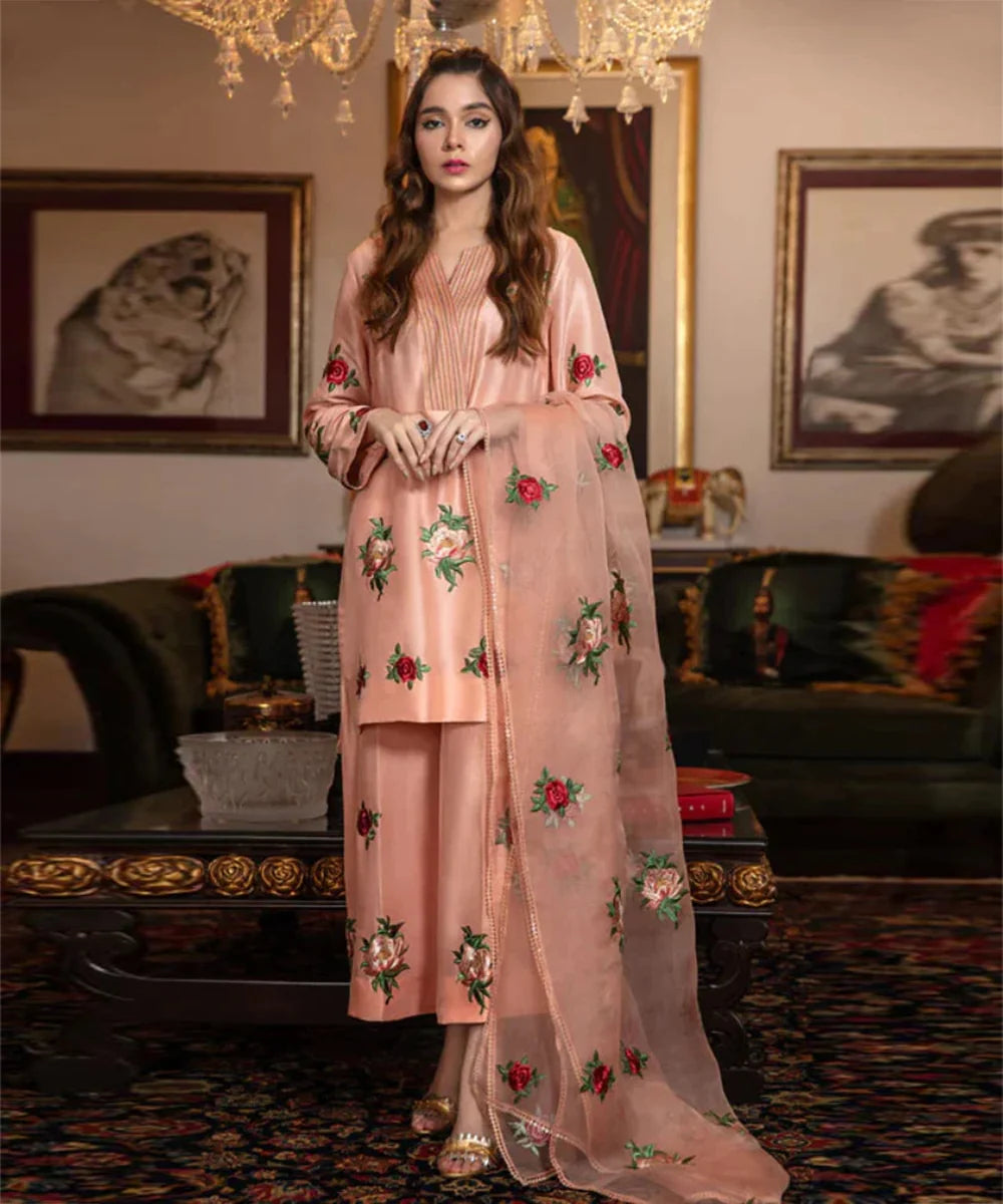Silk Embroidered 3-Piece Bridal Suit 1314 with Organza Embroidered Dupatta – Shamoz Silk Formal Set