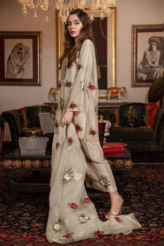 Silk 3-Piece Embroidered Bridal Suit 1316 with Organza Embroidered Dupatta – Shamoz Silk Formal Set