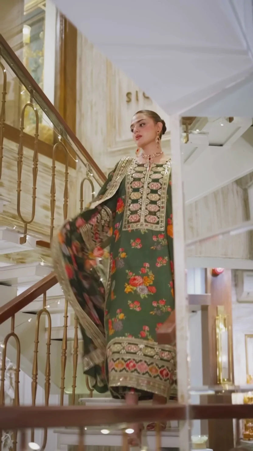 Silk 3-Piece Digitally Printed Suit 1715 – Sequins Embroidered Neckline & 4-Side Pallu Dupatta