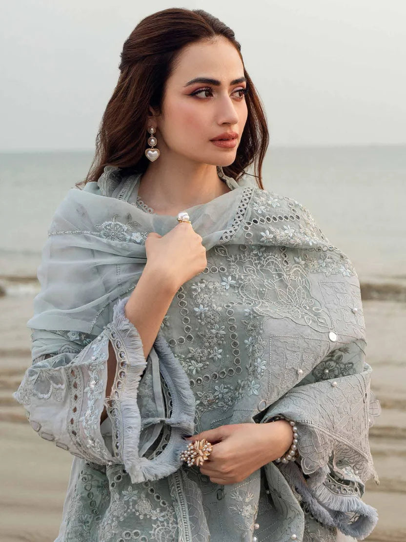 Captivating Laser Cut Embroidered Lawn 3-Piece Suit with Khadi Net Embroidered Dupatta – 5401