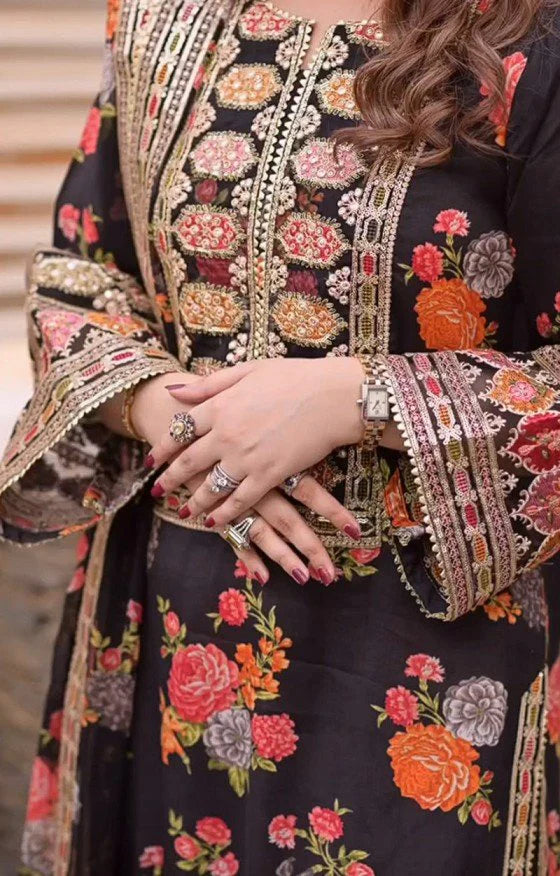Silk 3-Piece Digitally Printed Suit 1714 – Sequins Detailing with 4-Side Embroidered Pallu