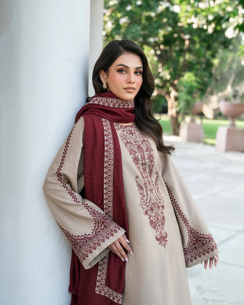 Dhanak 3-Piece Embroidered Suit 3576 with Digital Printed Wool Shawl – Winter Essential Set