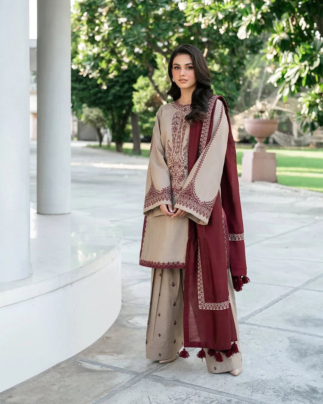 Dhanak 3-Piece Embroidered Suit 3576 with Digital Printed Wool Shawl – Winter Essential Set